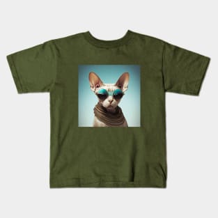 Concentrated sphinx cat with glasses looks at the camera on a blue background Kids T-Shirt